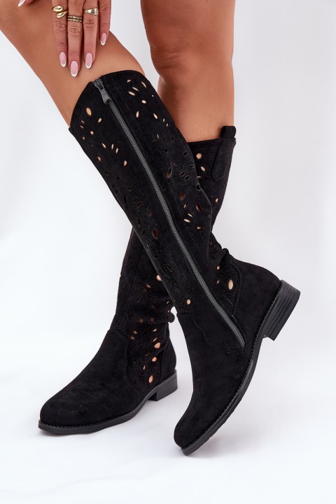 Perforated Boots On Flat Heel Black HY51-176