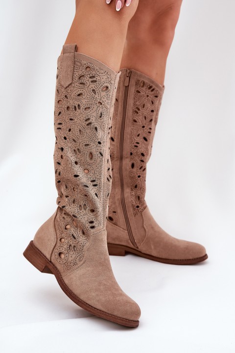 Perforated Boots On A Flat Heel Beige HY51-176