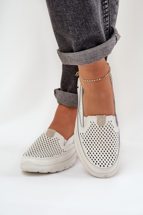 Lightweight Leather Perforated Women's Moccasins On Platform White Tanelora