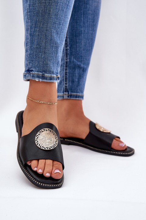 Eco Leather Slides On Flat Heel With Decoration Black Tatereia