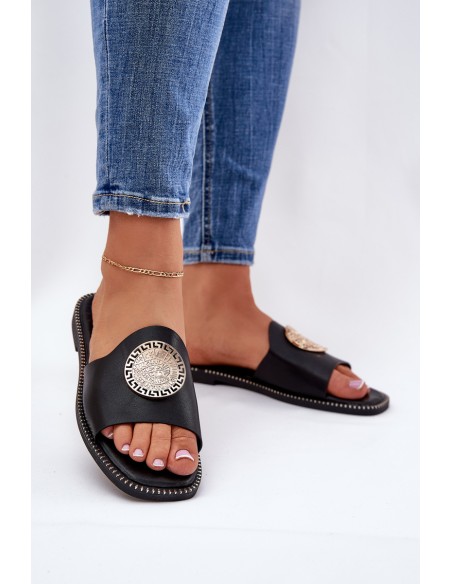 Eco Leather Slides On Flat Heel With Decoration Black Tatereia