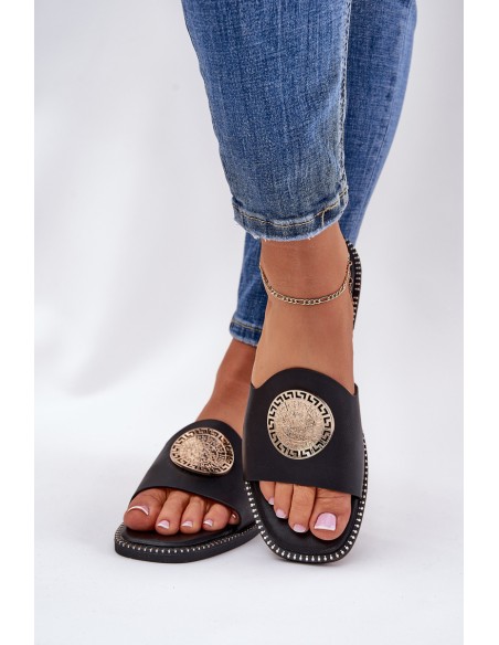 Eco Leather Slides On Flat Heel With Decoration Black Tatereia