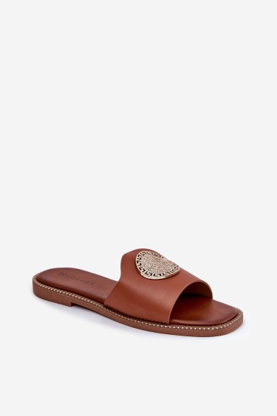 Eco Leather Slippers On Flat Heel With Decoration Camel Tatereia 2