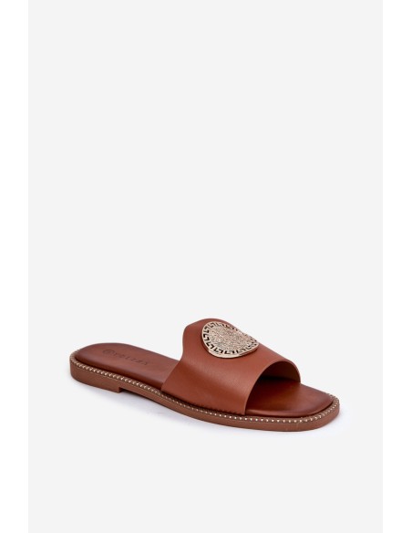 Eco Leather Slippers On Flat Heel With Decoration Camel Tatereia