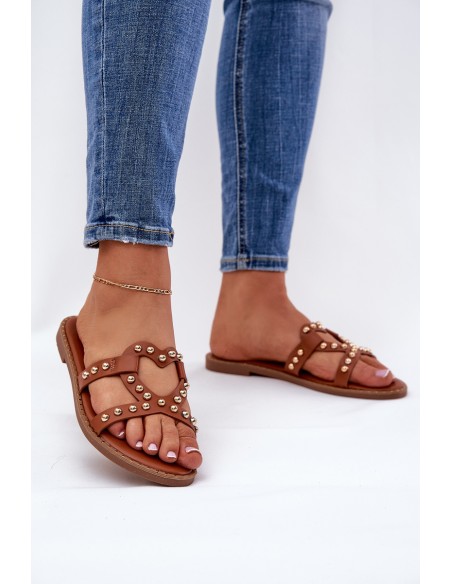 Decorated Flat Women's Sandals Camel Adivrae