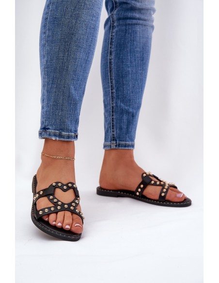 Embellished Flat Women's Sandals Black Adivrae