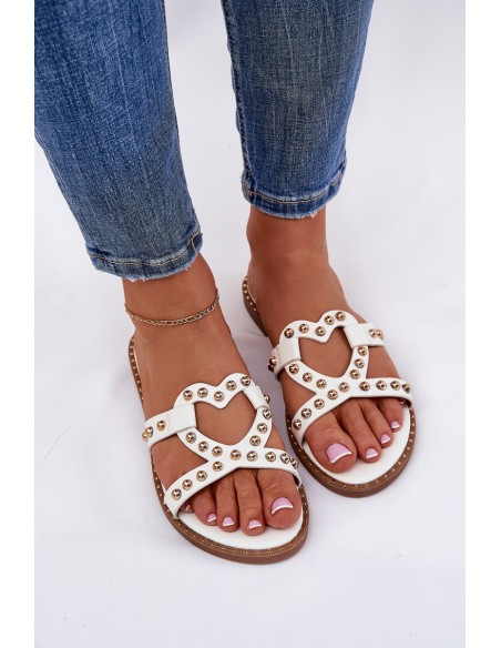 Embellished Flat Women's Slippers White Adivrae