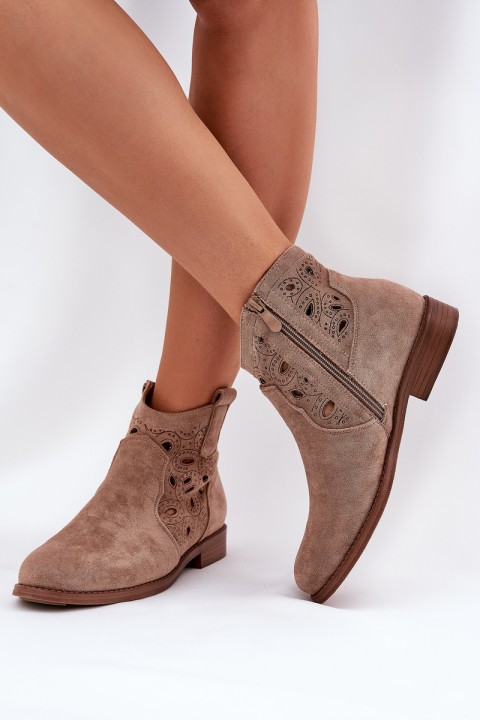 Ladies Perforated Ankle Boots With Zipper Beige S.Barski HY42-081