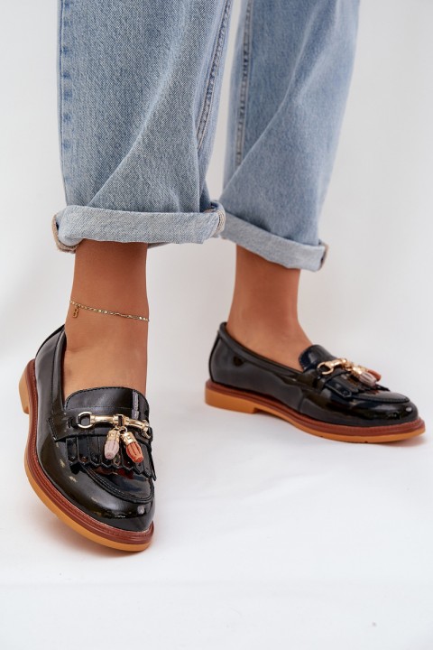 Lacquered Leather Elegant Loafers On Flat Heel S.Barski LR51-768A Black