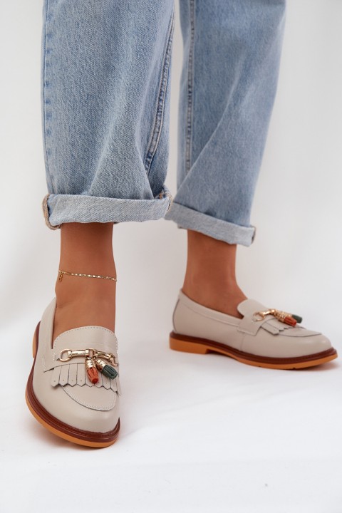 Leather Elegant Loafers On Flat Heel S.Barski LR51-768 Beige