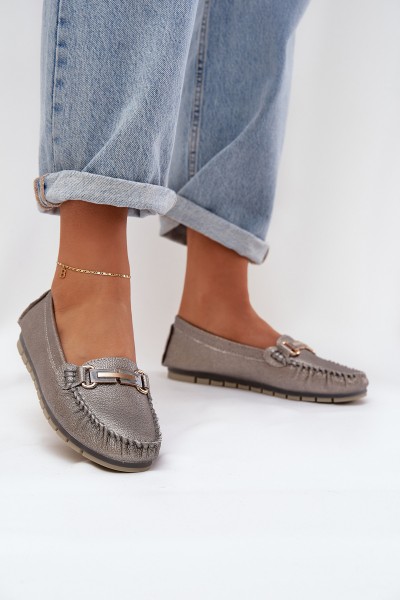 Glitter Flat Moccasins Made Of Natural Leather D&A LR51-546 Silver