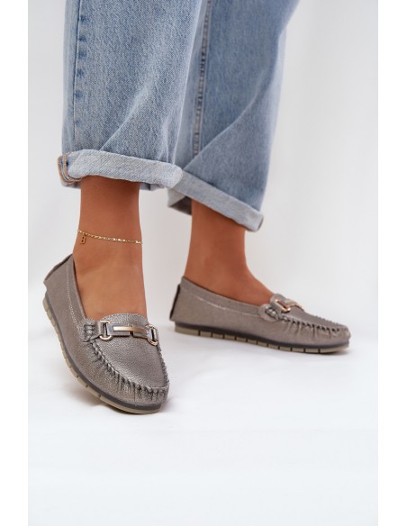 Glitter Flat Moccasins Made Of Natural Leather D&A LR51-546 Silver