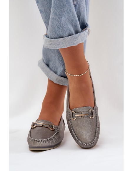 Glitter Flat Moccasins Made Of Natural Leather D&A LR51-546 Silver
