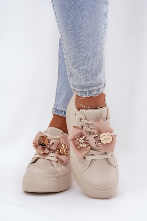 Women's Sneakers With Bow And Brooch With Bear Beige Leathria