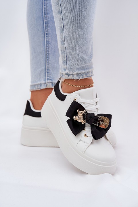 Women's Sneakers With Bow And Brooch With Bear Black-White Leathria