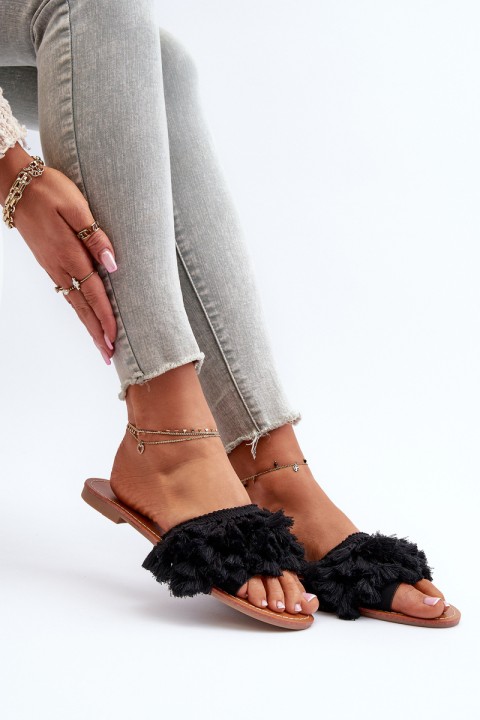 Women's Flat Sandals with Fringes Black Rialle