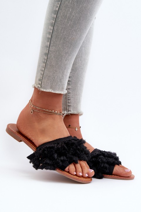 Women's Flat Sandals with Fringes Black Rialle