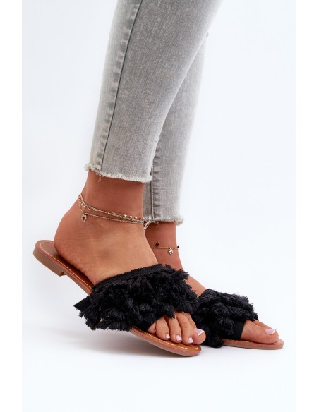 Women's Flat Sandals with Fringes Black Rialle