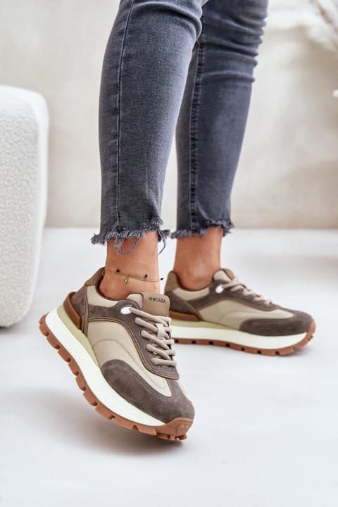 Women's Platform Sneakers Made Of Natural Leather Beige Vinceza 41465