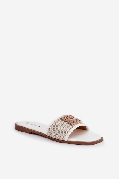 Elegant women's sandals with decoration on flat heel white Lovehia 2