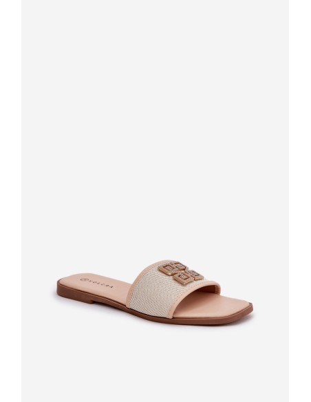 Elegant Women's Slippers With Decoration On Flat Heel Beige Lovehia