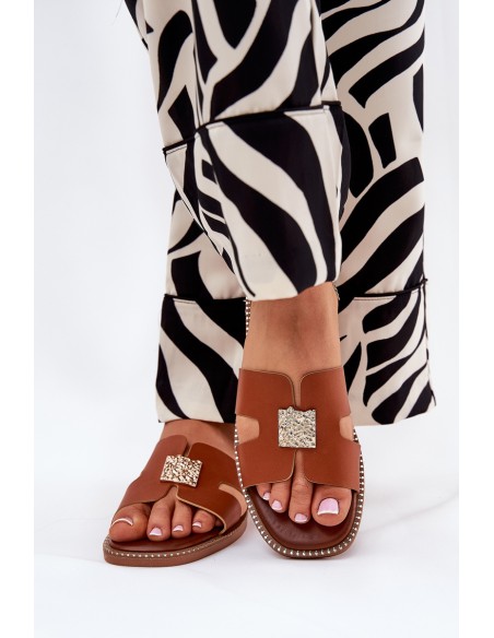 Flat Slippers With Cutouts And Decoration Camel Bohalis