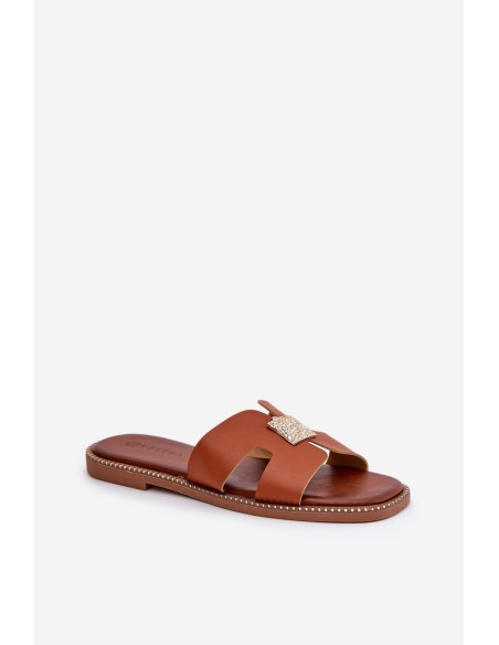 Flat Slippers With Cutouts And Decoration Camel Bohalis