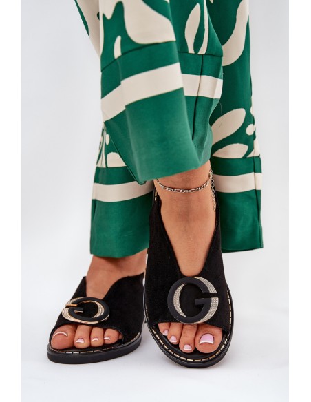 Elegant Women's Sandals with Gold Decoration on Flat Heel Black S.Barski KV27-053