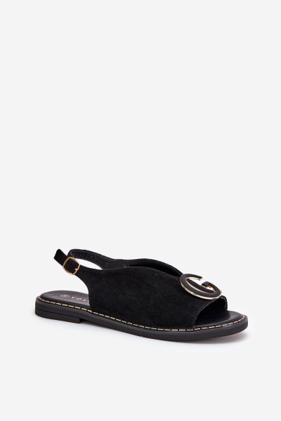 Elegant Women's Sandals with Gold Decoration on Flat Heel Black S.Barski KV27-053 2