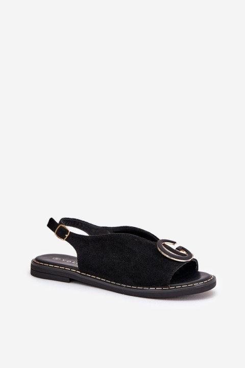 Elegant Women's Sandals with Gold Decoration on Flat Heel Black S.Barski KV27-053