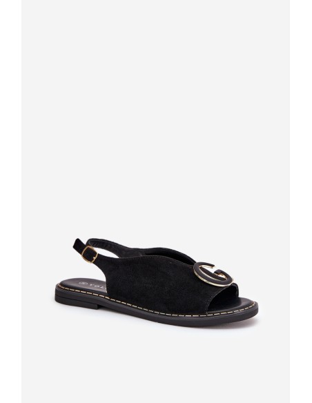 Elegant Women's Sandals with Gold Decoration on Flat Heel Black S.Barski KV27-053