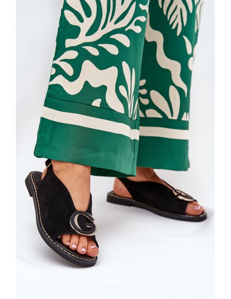 Elegant Women's Sandals with Gold Decoration on Flat Heel Black S.Barski KV27-053