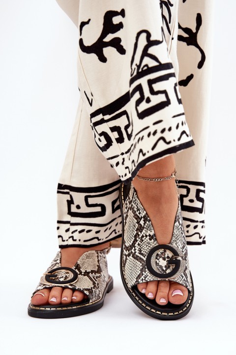 Flat Sandals With Decoration Snake Pattern Beige-Brown Haliones