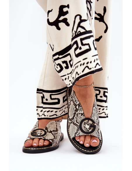 Flat Sandals With Decoration Snake Pattern Beige-Brown Haliones