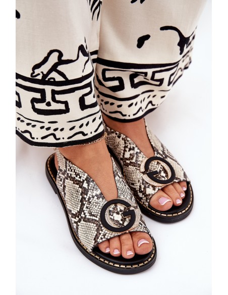 Flat Sandals With Decoration Snake Pattern Beige-Brown Haliones