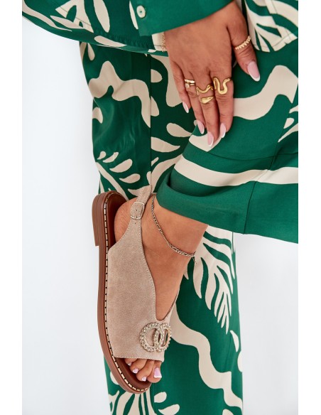 Ladies Sandals With Decoration On Flat Heel Eco Suede Beige Ralisses