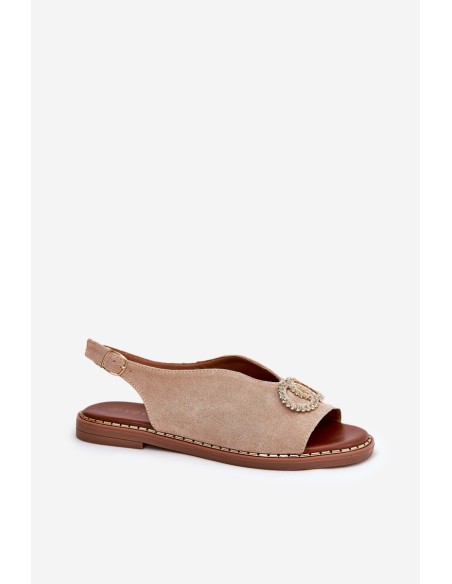 Ladies Sandals With Decoration On Flat Heel Eco Suede Beige Ralisses