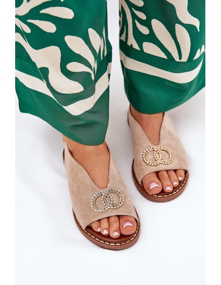 Ladies Sandals With Decoration On Flat Heel Eco Suede Beige Ralisses