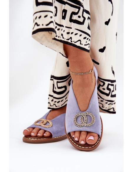 Women's Sandals With Decoration On Flat Blue Heel Eco Suede Beige Ralisses