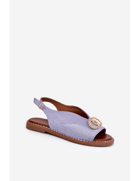 Women's Sandals With Decoration On Flat Blue Heel Eco Suede Beige Ralisses