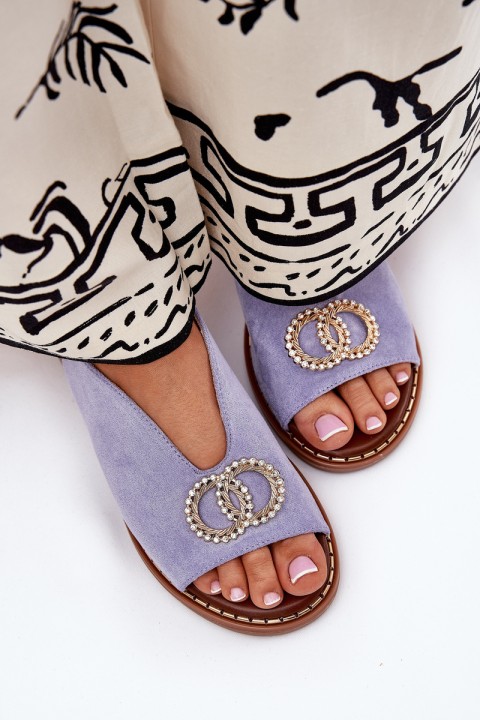 Women's Sandals With Decoration On Flat Blue Heel Eco Suede Beige Ralisses
