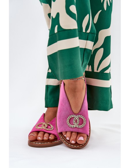 Ladies Sandals With Decoration On Flat Heel Eco Suede Pink Ralisses