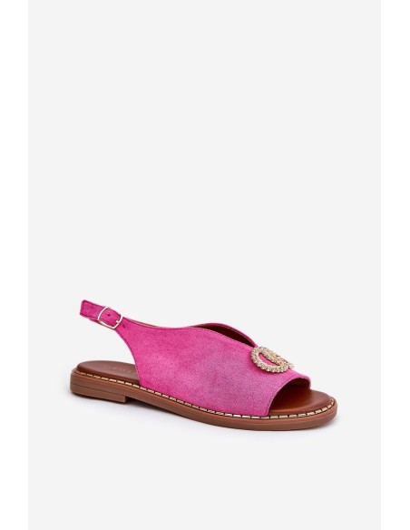 Ladies Sandals With Decoration On Flat Heel Eco Suede Pink Ralisses