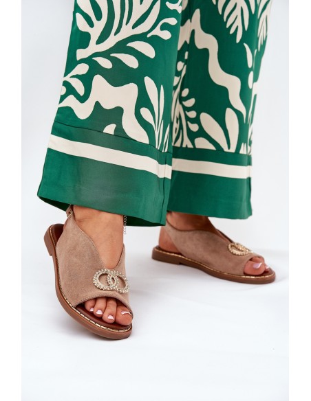 Ladies Sandals With Decoration On Flat Heel Eco Suede Dark Beige Ralisses