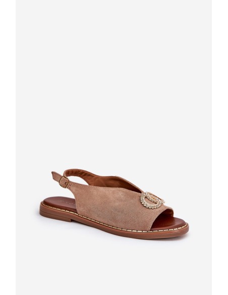 Ladies Sandals With Decoration On Flat Heel Eco Suede Dark Beige Ralisses