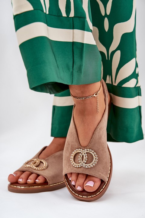 Ladies Sandals With Decoration On Flat Heel Eco Suede Dark Beige Ralisses