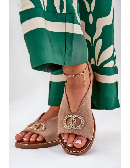 Ladies Sandals With Decoration On Flat Heel Eco Suede Dark Beige Ralisses