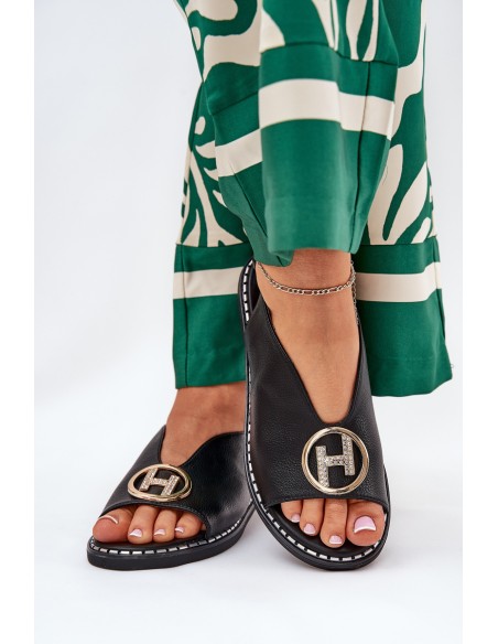 Flat Elegant Sandals With Decoration Black Iseliria