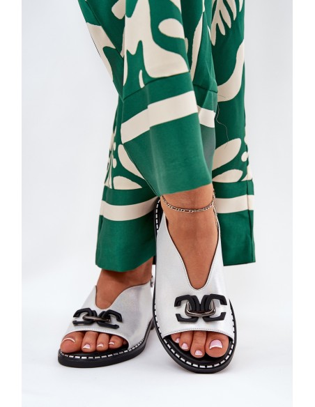 Flat Heeled Sandals With Decoration Eco Leather Silver Tillireta