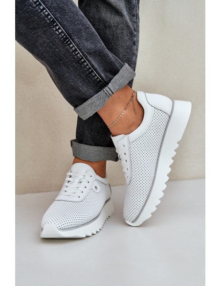 Leather Sports Shoes On Platform With Glitter D&A LR51-629 White